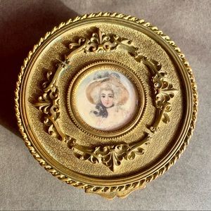 Antique Brass Jewelry Box with hand painted portrait lid